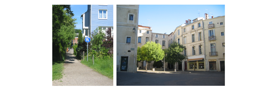 <p>(Left) Pedestrian link connecting a network of green spaces, Vauban, Freiburg, Germany </p><p>(Right) Pocket park in Montpellier, France</p>