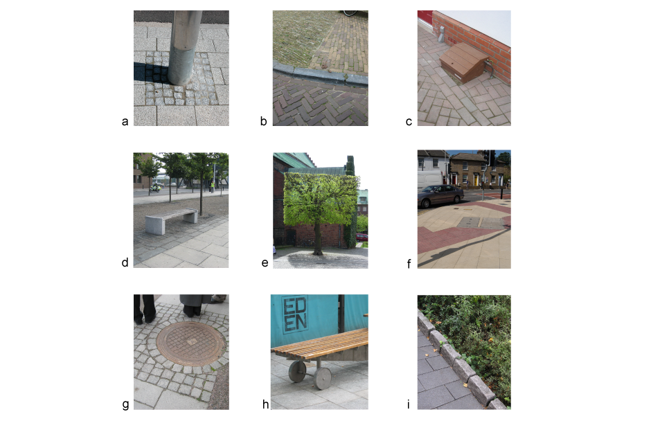 <p>a. Carefully detailed ground fixings </p><p>b. Heritage paving </p><p>c. Crude utility meter casing on footway </p><p>d. Benches and other street furniture designed into the scheme </p><p>e. Trees can have a high impact in the street </p><p>f. Pre-cast concrete blister units create patchwork footways </p><p>g. Thoughtful detailing helps to integrate existing features </p><p>h. Custom-designed street furniture could include artist commissions </p><p>i. Edge detail</p>