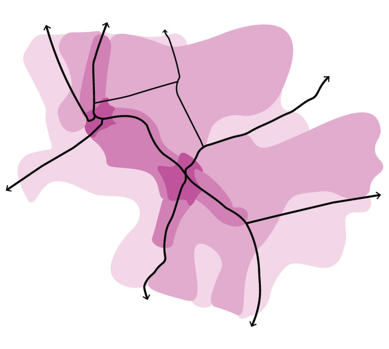 In Thaxted the key movement corridor and historic throughroute has an increased density through terraced streets. Further peaks in density are found around key nodes including the market square.