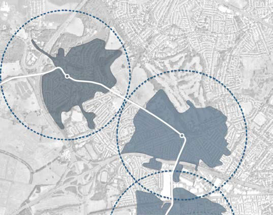 Walking distances around public transport stops must take account of the actual walking distance which may be smaller where there are barriers to movement.