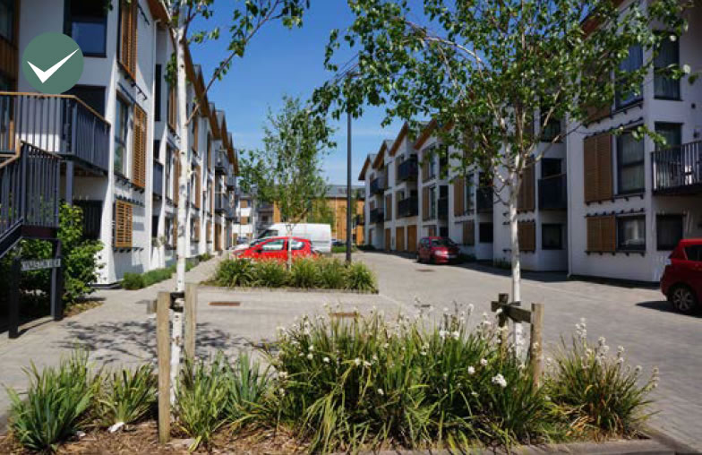 Prominent planting breaking up parking in front of dwellings.