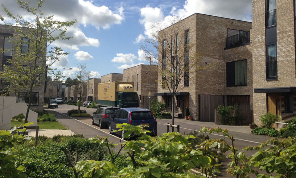 On-street parking within defined landscaped build-outs in Cambridge.