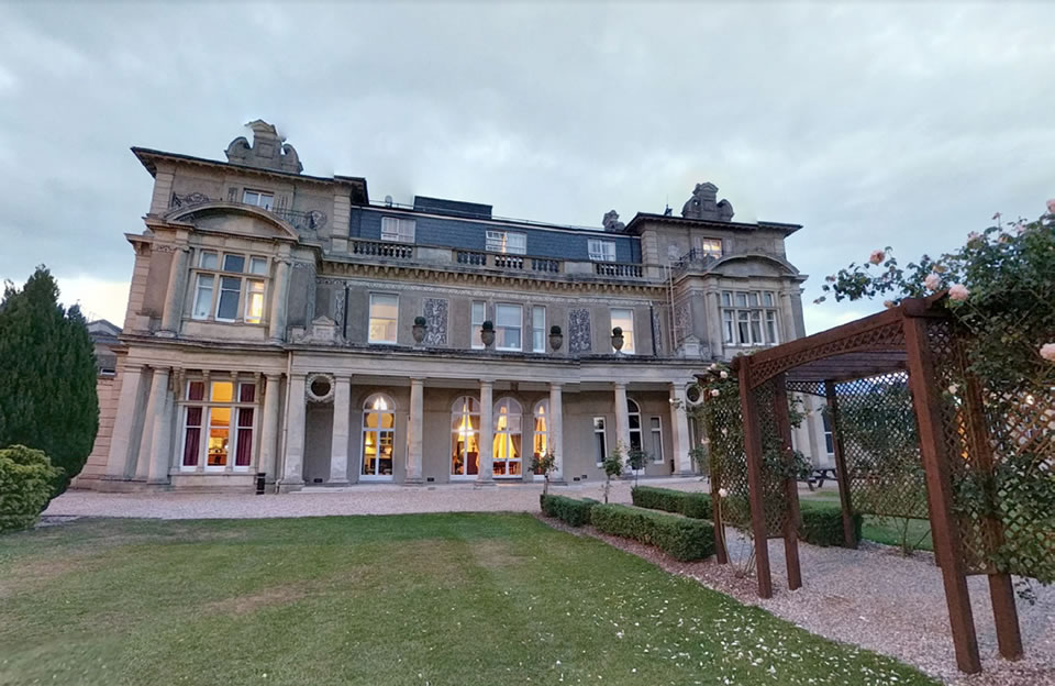 Three storeyed manor house at Down Hall Hatfield Heath. Pillars and statues.