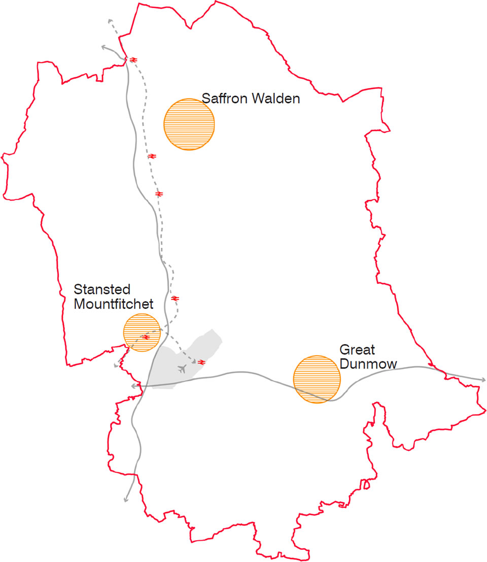 Uttlesford’s 'urban' areas highlighted in orange.