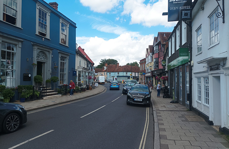 Strong continuous built form frontage reinforces hierarchy of character and use along High Street, Great Dunmow.