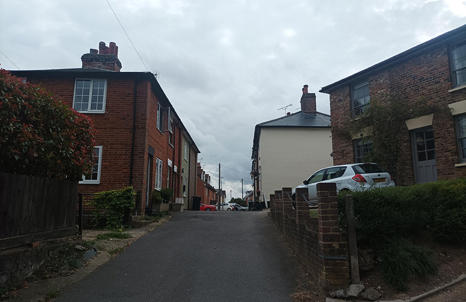 Narrow streets (like the above leading off the B1383) between historic properties are a common feature within the centre of Stansted Mountfitchet.