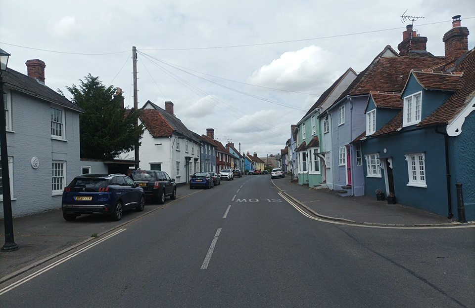 Consistent yet varied rooflines with wide footpaths for pedestrians on the B184, Thaxted.