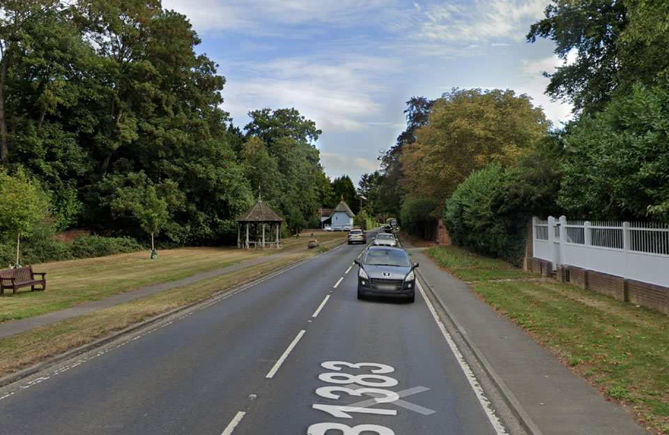 Mature trees along the west side of the B1383 in Quendon add scale to the streetscene and frame the view to the north.