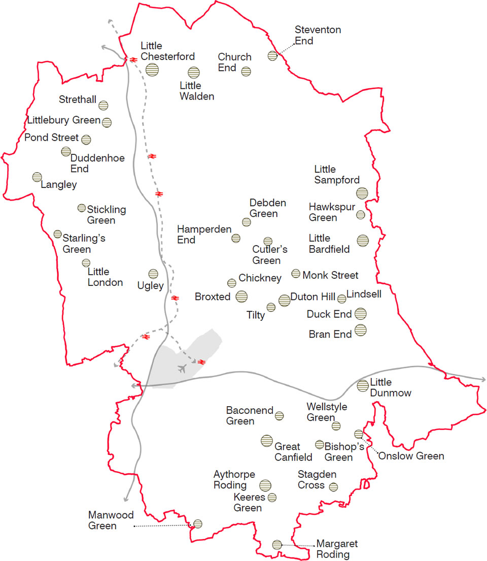 Small villages and hamlets in Uttlesford highlighted in brown