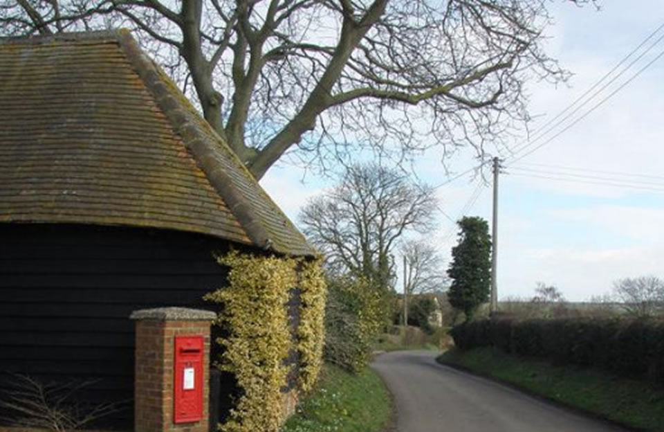 Post box located along protected rural lane in Uttlesford.