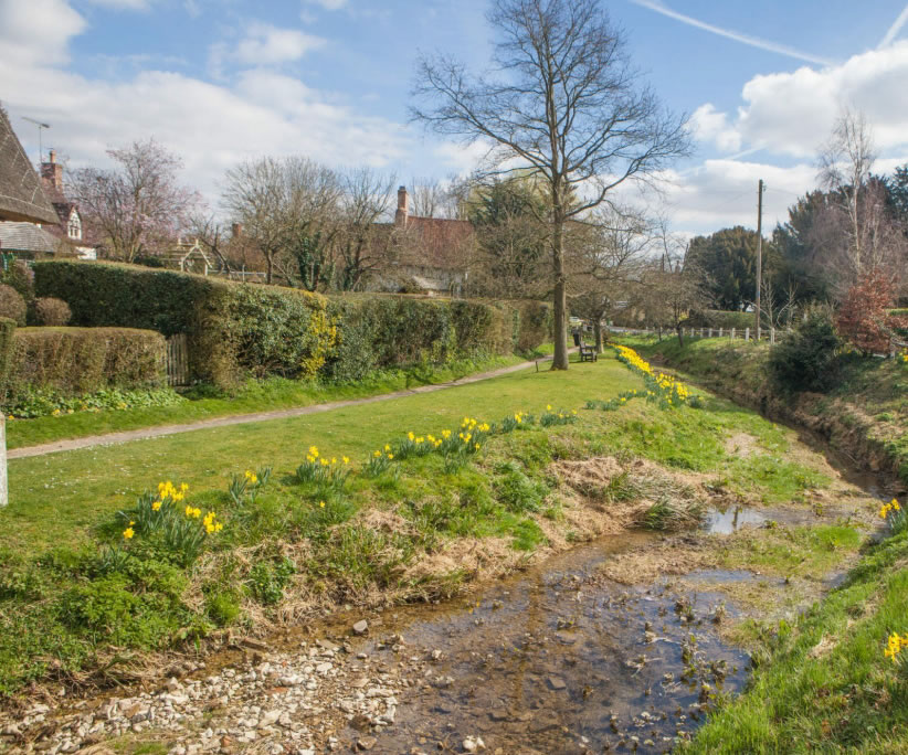 Arkesden village structured along a stream.