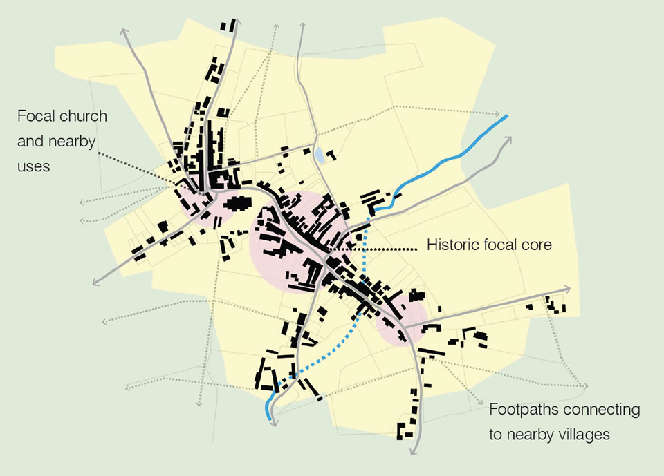 Historic settlement structure of Thaxted from 1888-1913, with contemporary settlement extents.