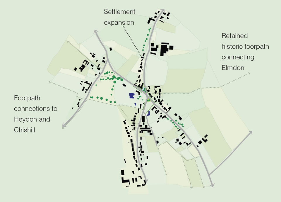 Contemporary settlement structure of Chrishall with community assets outlined in black.